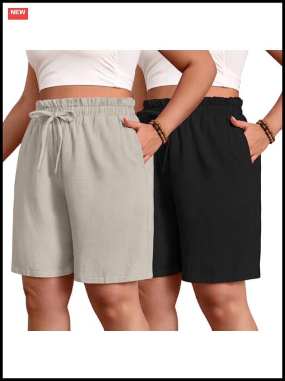 Plus Size Linen Bermuda Shorts with Pockets - 2 Pack